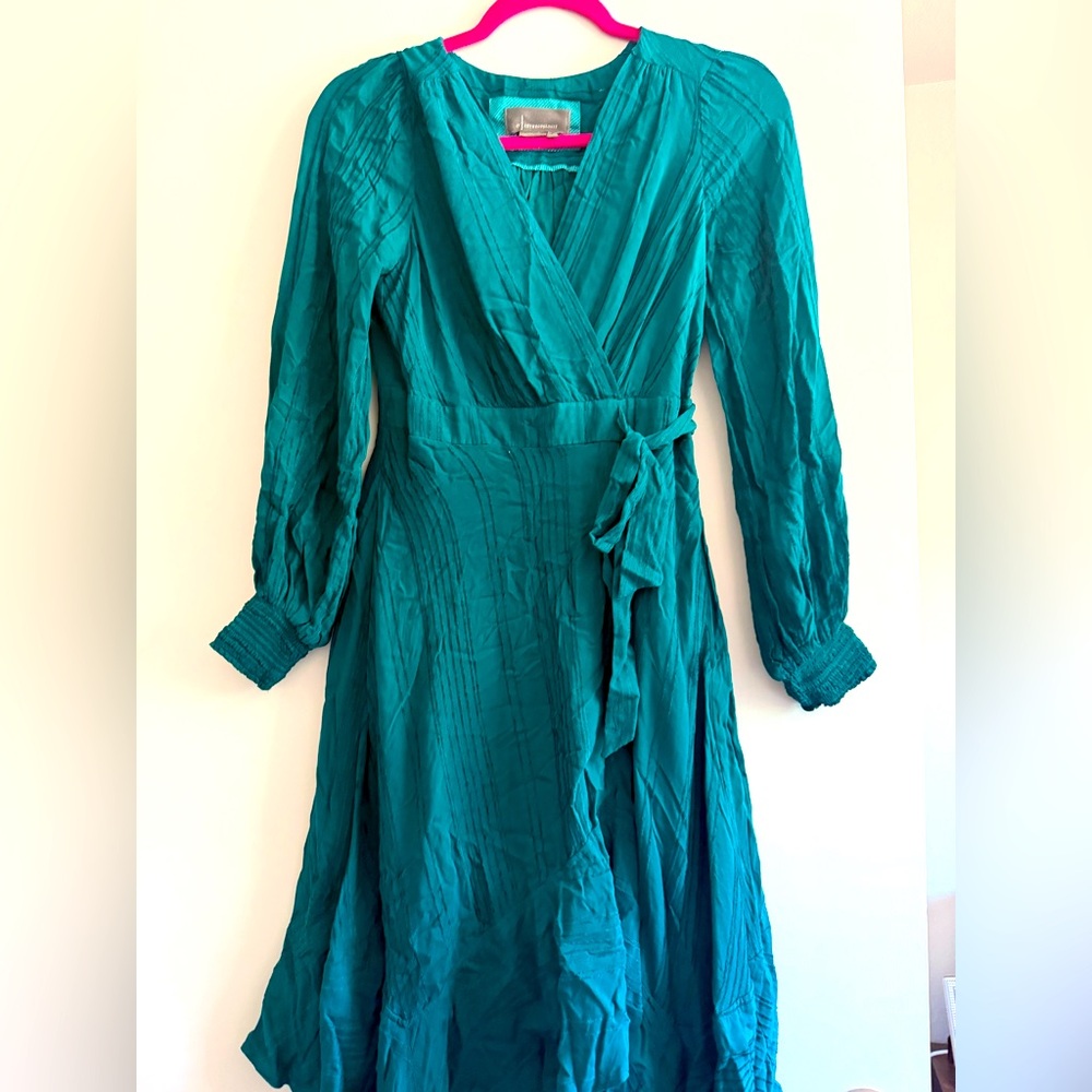 Anthropologie Green Wrap Dress with Bishop Sleeves